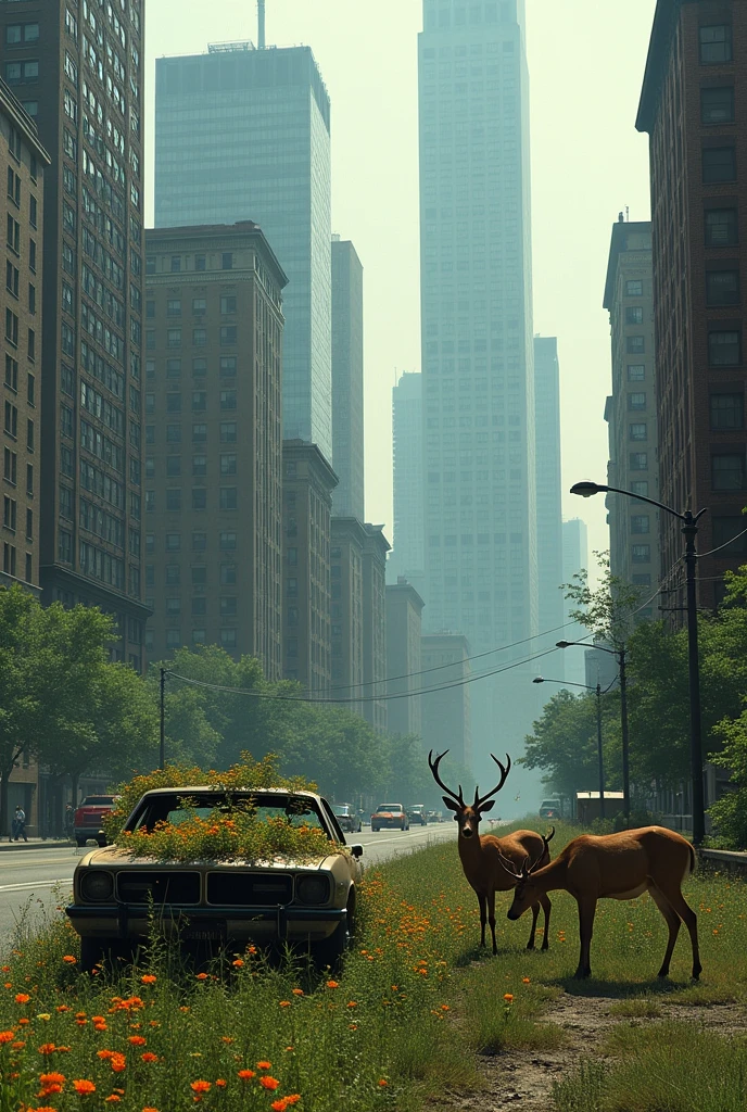 street view of new york between skyscrapers, post apocalyptic picture, abandoned rusted car, the nature conquered back its territory, there is a deer family