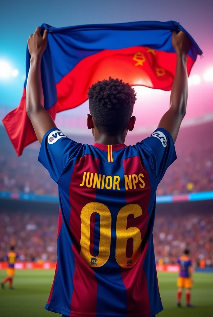 cree un image avec d'un homme noir 17ans tenant le drapeau Barcelone écrit le noms junior nps le culers support n°1 et il porte le maillot Barcelone floque le nom junior nps 06 supporter n°1