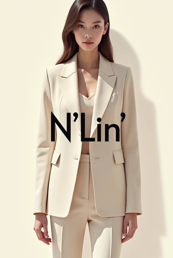 Create a fashion poster featuring a women's blazer as the main product, with the brand name 'N'Lin' prominently displayed in the image. The poster should exude elegance and sophistication, appealing to young women with a refined and trendy sense of style. Use a minimalist design with a clean background, focusing on the blazer's details and quality. The typography should be sleek and modern, and the placement of 'N'Lin' should be tasteful yet noticeable, reinforcing the brand's identity within the high-fashion market.