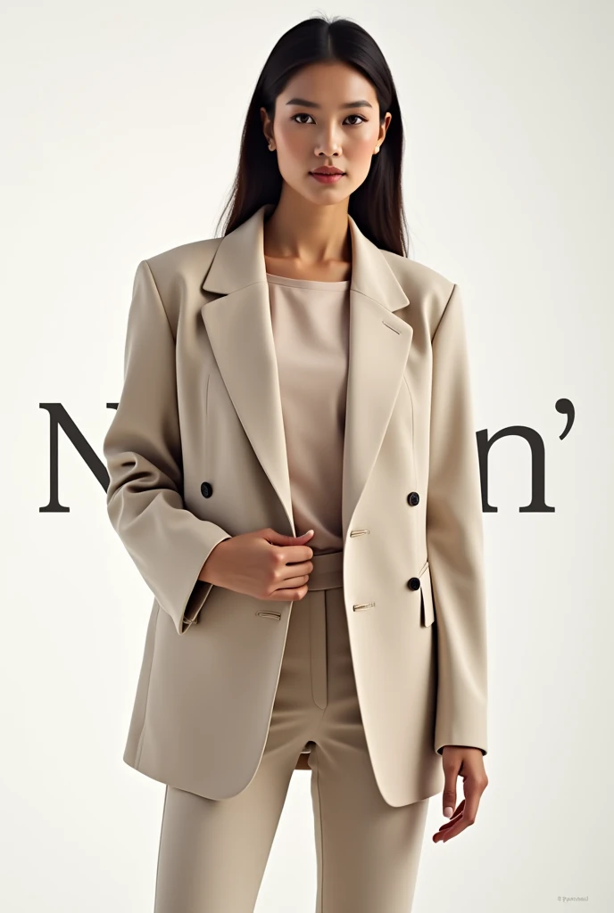 Create a fashion poster featuring a women's blazer as the main product, with the brand name 'N'Lin' prominently displayed in the image. The poster should exude elegance and sophistication, appealing to young women with a refined and trendy sense of style. Use a minimalist design with a clean background, focusing on the blazer's details and quality. The typography should be sleek and modern, and the placement of 'N'Lin' should be tasteful yet noticeable, reinforcing the brand's identity within the high-fashion market.