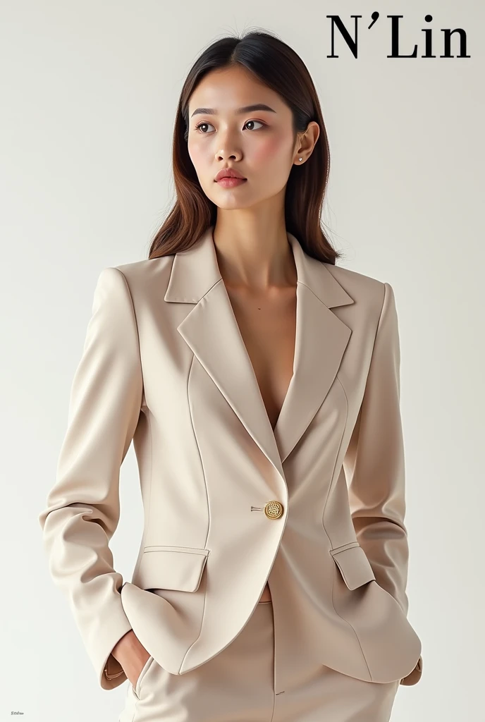 Create a fashion poster featuring a women's blazer as the main product, with the brand name 'N'Lin' prominently displayed in the image. The poster should exude elegance and sophistication, appealing to young women with a refined and trendy sense of style. Use a minimalist design with a clean background, focusing on the blazer's details and quality. The typography should be sleek and modern, and the placement of 'N'Lin' should be tasteful yet noticeable, reinforcing the brand's identity within the high-fashion market.