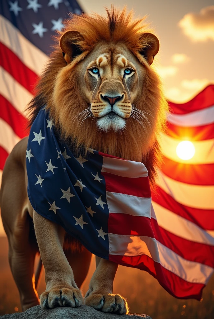 Blonde lion with blue eyes with a US flag on its body and an American flag in the background