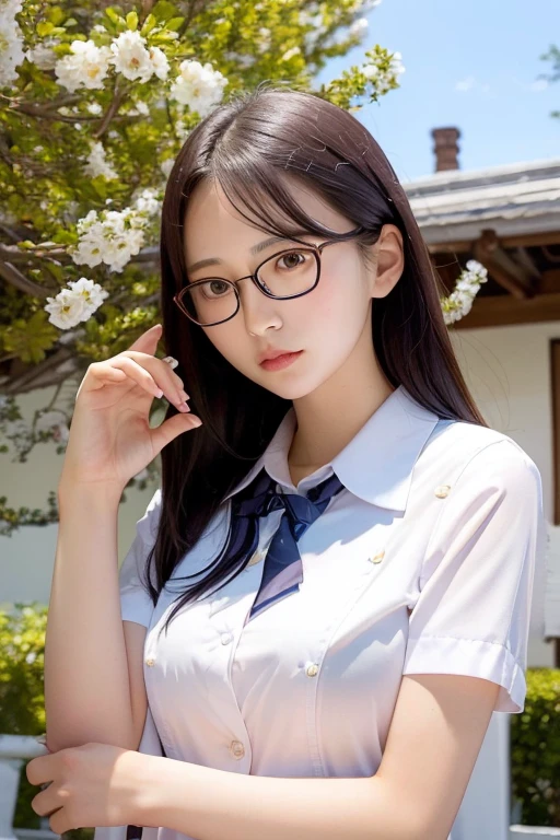 Highest quality、masterpiece、High sensitivity、High resolution、Detailed Description、Slender women、A cup bust、Glasses、Summer clothing、