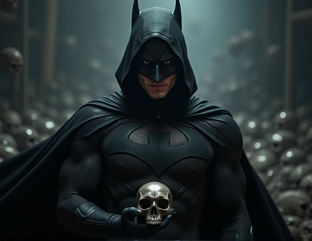 1man, black superhero cowl, villain, evil, black lantern insignia, black cape, black boots, holding a skull, skulls background