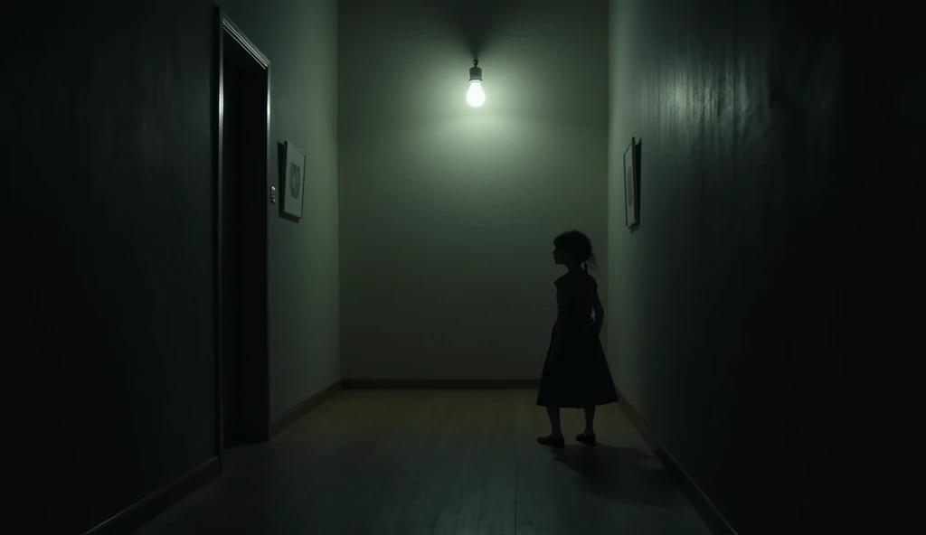 Character: A small, indistinct shadow of a girl, possibly Kittu, is barely visible near the mysterious flat's door. The shadow is unnervingly still, almost as if it’s waiting for something.
Background: The gallery is dark, with the single bulb flickering intermittently. The door to the flat is slightly open, and the shadows play tricks with the light, creating an atmosphere of deep unease.