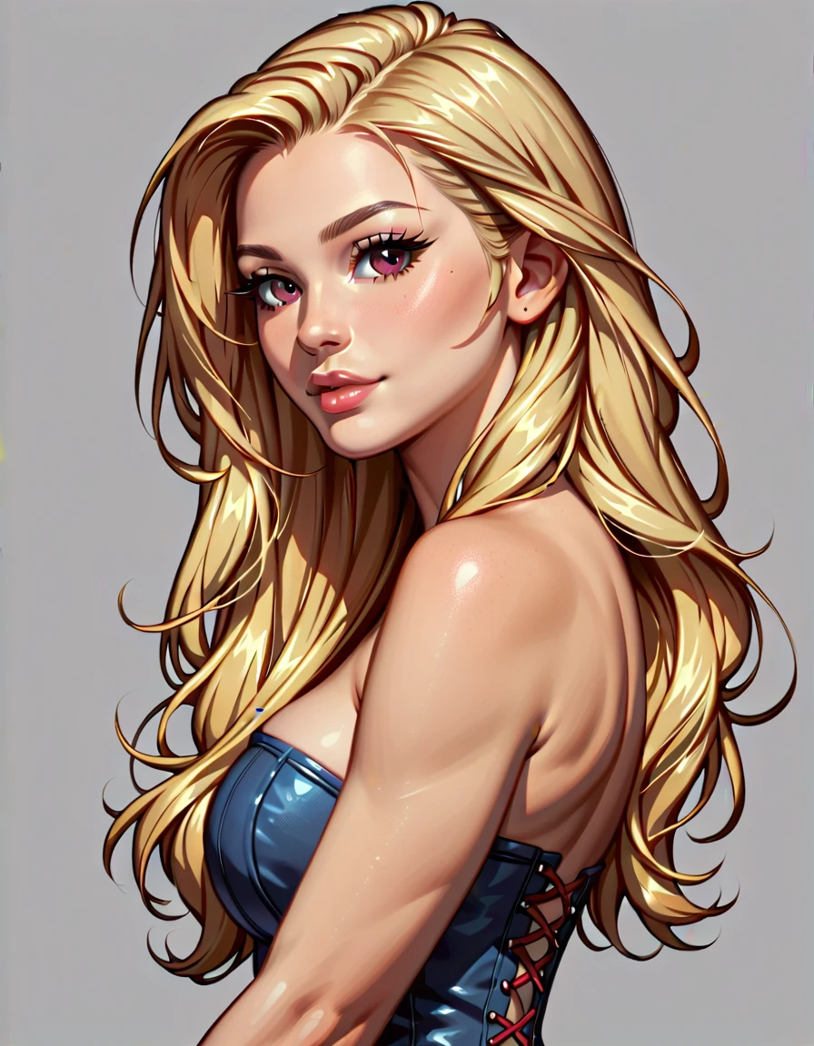 One person, alone, View your viewers, Blonde long hair, Wearing a corset, Big , Brown eyes, Upper Body, Gray background, Normal booips, Realistic, A konigsreuter