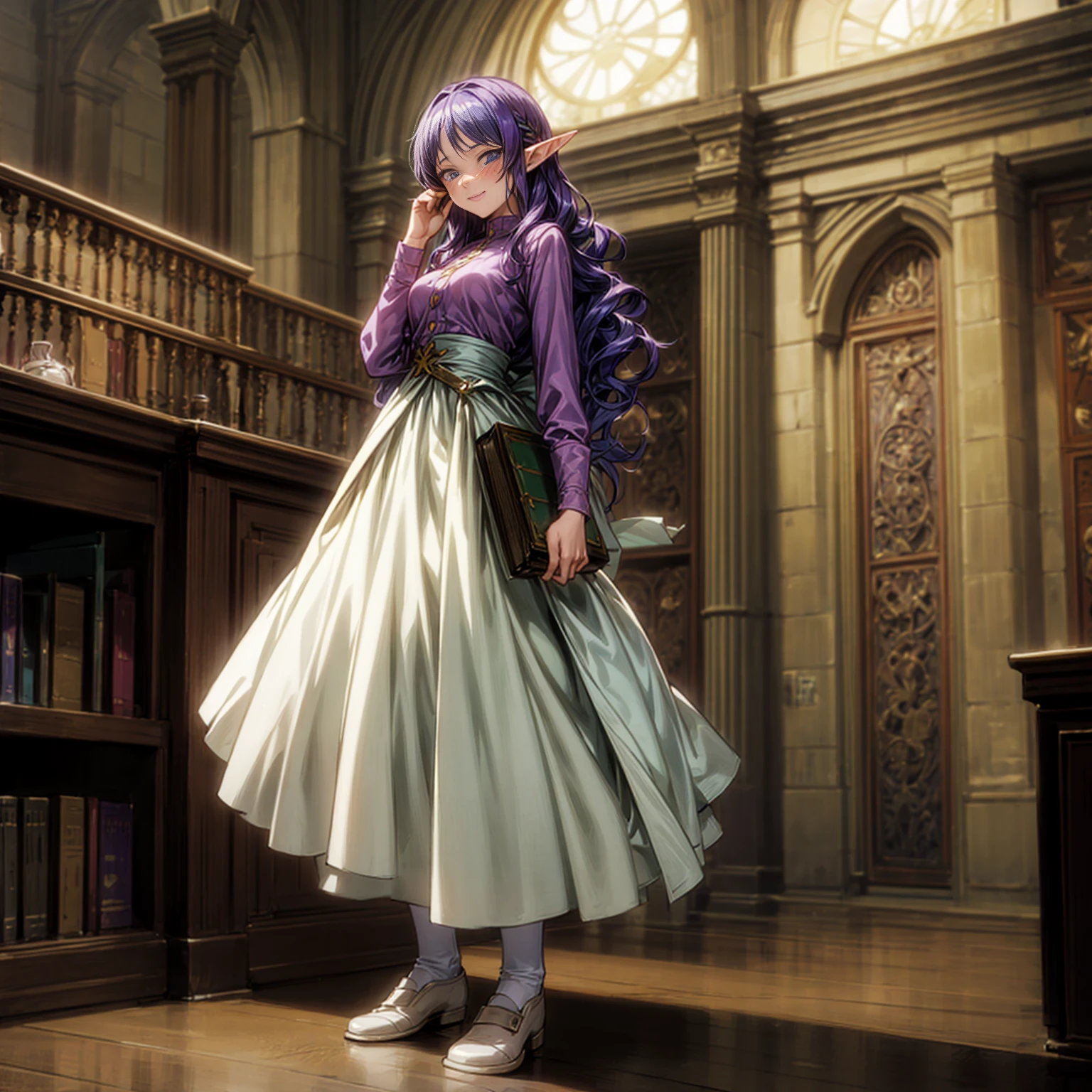 Solo character, full body version, young girl, (elf), blue eyes, purple color hair, long Curly haircut, His hair covered his eyes, long shirt, white long skirt, shoes, indoor, library, town, medieval, detailed background, detailed clothing, detailed hair, standing gesture, smile mouth, book in hand, big breast, (one piece style art, Hunter x Hunter style art), (blushing)