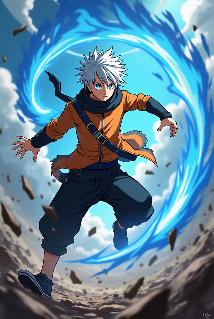 1 boy, teenager, short white hair and blue eyes solo, boy, cute and stylish orange and black outfit, Fairy Tail anime style art, epic fight scene, preparing a blue flame strike, going into battle, destroyed fight background