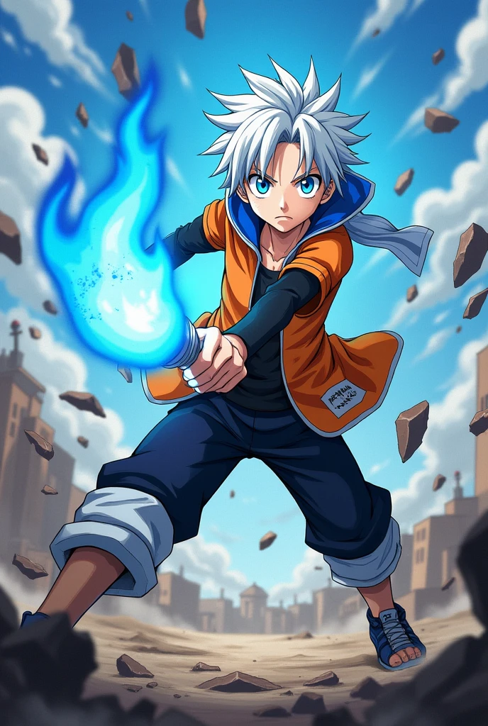 1 boy, teenager, short white hair and blue eyes solo, boy, cute and stylish orange and black outfit, Fairy Tail anime style art, epic fight scene, preparing a blue flame strike, going into battle, destroyed fight background