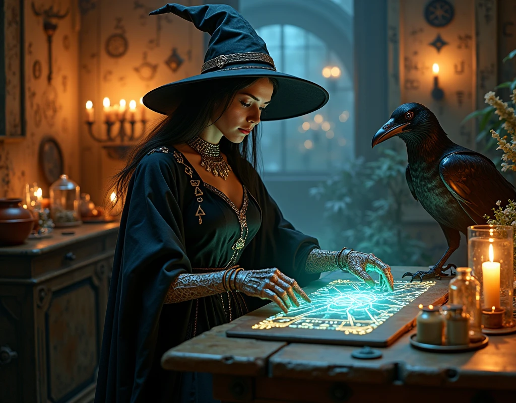 create a scene that depicts a modern-day witch who has embraced the world of cybernetics to enhance her magical abilities. The artwork should convey the enchanting blend of traditional witchcraft and futuristic technology. Here are some specific elements to include:
The Witch's Lair: The setting should be a cozy yet slightly eerie room, filled with magical books, crystal balls, potion ingredients, and antique furnishings. The room should be dimly lit by candles and a soft, mystical glow emanating from her cybernetic enhancements.
The Cyborg Witch: The central focus of the artwork is the witch herself. She's a striking figure with a mix of traditional witch attire and cybernetic enhancements. Her clothing should have a witchy, occult aesthetic, with flowing robes, a pointed hat, and an intricate pentagram necklace. Her arms, however, have been upgraded with cybernetic components that incorporate magical symbols and glowing runes.
Magical Interface: The witch is in the midst of casting a spell, with a holographic, touch-screen interface floating before her. This interface includes spell incantations, arcane symbols, and digital components, demonstrating her fusion of magic and technology.
Spell Ingredients: On a nearby table, there should be a collection of spell ingredients, like herbs, potions, and magical artifacts. Some of these items may have been modified with cybernetic enhancements, blurring the line between the natural and the technological.
Familiar: The witch's familiar, perhaps a cat or raven, should be present in the scene, serving as her magical companion. The familiar could also have subtle cybernetic enhancements or glowing eyes.
Glowing Runes: The room should be adorned with ancient symbols and glowing runes on the walls and floor, contributing to the magical atmosphere.
Aetherial Lighting: Use a combination of mystical, ethereal lighting and cybernetic glows to create a captivating interplay of light and shadow. The contrast between the tradit