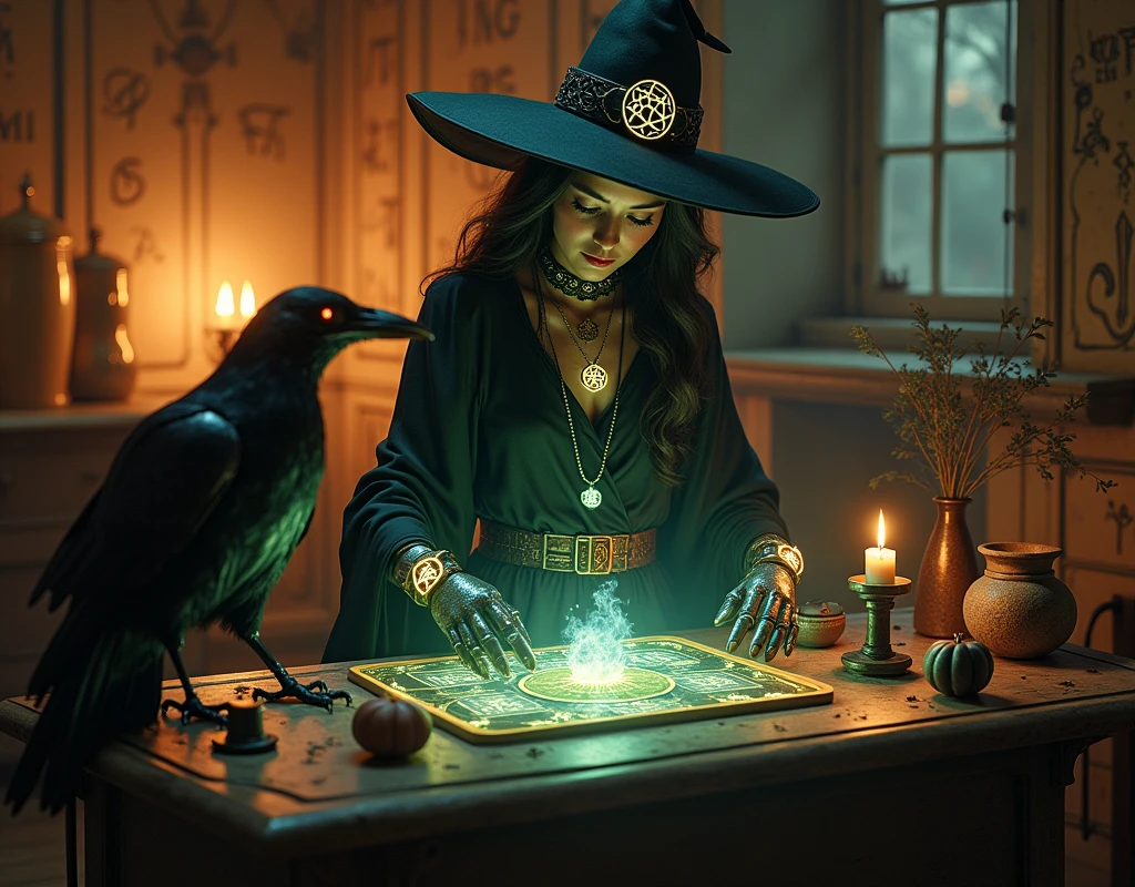 create a scene that depicts a modern-day witch who has embraced the world of cybernetics to enhance her magical abilities. The artwork should convey the enchanting blend of traditional witchcraft and futuristic technology. Here are some specific elements to include:

The Witch's Lair: The setting should be a cozy yet slightly eerie room, filled with magical books, crystal balls, potion ingredients, and antique furnishings. The room should be dimly lit by candles and a soft, mystical glow emanating from her cybernetic enhancements.

The Cyborg Witch: The central focus of the artwork is the witch herself. She's a striking figure with a mix of traditional witch attire and cybernetic enhancements. Her clothing should have a witchy, occult aesthetic, with flowing robes, a pointed hat, and an intricate pentagram necklace. Her arms, however, have been upgraded with cybernetic components that incorporate magical symbols and glowing runes.

Magical Interface: The witch is in the midst of casting a spell, with a holographic, touch-screen interface floating before her. This interface includes spell incantations, arcane symbols, and digital components, demonstrating her fusion of magic and technology.

Spell Ingredients: On a nearby table, there should be a collection of spell ingredients, like herbs, potions, and magical artifacts. Some of these items may have been modified with cybernetic enhancements, blurring the line between the natural and the technological.

Familiar: The witch's familiar, perhaps a cat or raven, should be present in the scene, serving as her magical companion. The familiar could also have subtle cybernetic enhancements or glowing eyes.

Glowing Runes: The room should be adorned with ancient symbols and glowing runes on the walls and floor, contributing to the magical atmosphere.

Aetherial Lighting: Use a combination of mystical, ethereal lighting and cybernetic glows to create a captivating interplay of light and shadow. The contrast between the tradit