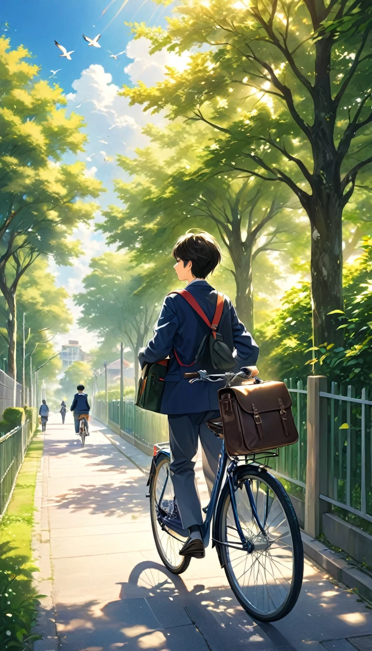 A handsome boy is riding a bicycle on his way home from school。He is wearing a neat school uniform,Carrying a schoolbag,Bask in the warm afternoon sunshine。His side profile highlights his handsome face,The surrounding residential environment is also clearly visible,Fences and spindle trees create a tranquil atmosphere。The birds flying in the distance add to the vitality。The whole photo has a super-realistic quality,Sharp details,Elegant depth of field,Perfectly capturing the tranquility and movement of this moment。This photo is a masterpiece。