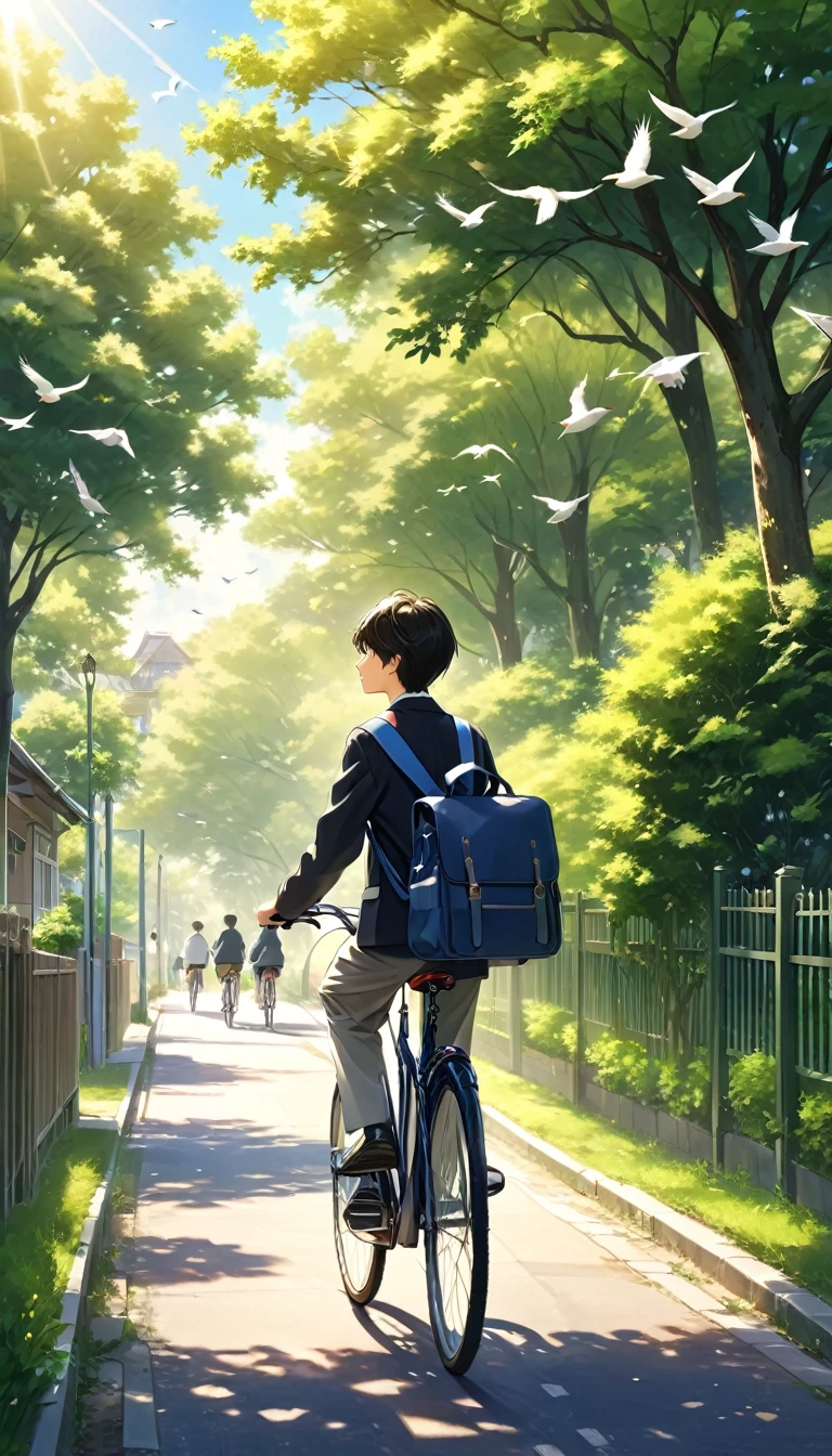 A handsome boy is riding a bicycle on his way home from school。He is wearing a neat school uniform,Carrying a schoolbag,Bask in the warm afternoon sunshine。His side profile highlights his handsome face,The surrounding residential environment is also clearly visible,Fences and spindle trees create a tranquil atmosphere。The birds flying in the distance add to the vitality。The whole photo has a super-realistic quality,Sharp details,Elegant depth of field,Perfectly capturing the tranquility and movement of this moment。This photo is a masterpiece。