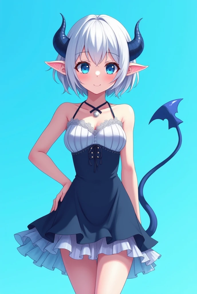 score_9, score_8_up, score_7_up,((best quality)), absurdnes, ((best quality)), CoquelinePXL, 1 femboy, feminine male, adult, 20 years old, black pupil, glowing blue iris, black sclera, blue skin, short peekaboo style hair((white outside, black inside)), pointy elf ears, bluish-black short demon horns, azure blue demon tail, mini skirt empire waist dress, mini skirt, translucent skirt, sleeveless, empire waist dress, turtle neck, solid sky-blue background, solo, hand on waist, looking at viewer, big ass, small breast, flat chest, no cleavage, anime inspired art, lewd, nsfw, seductive smile