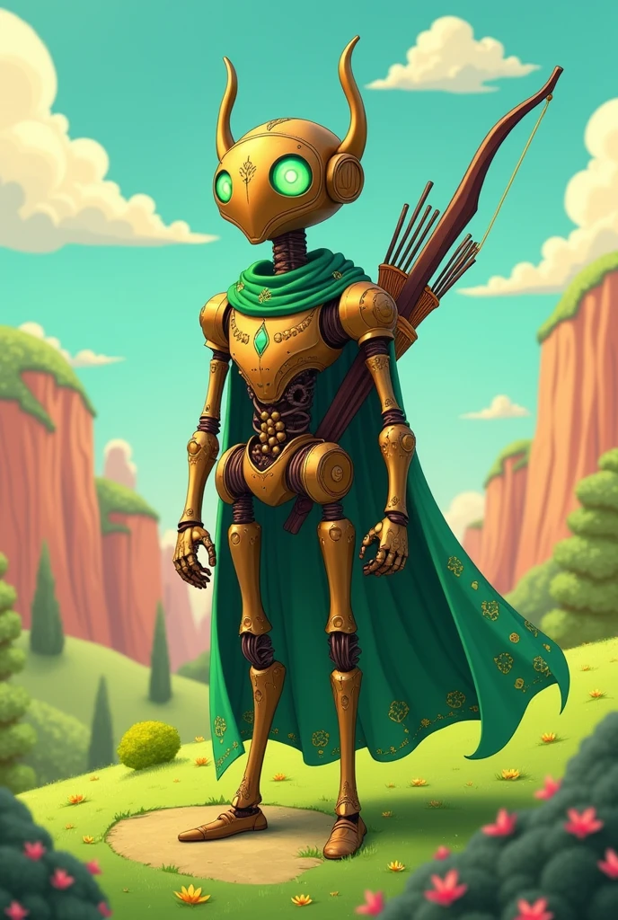 Create for me a character with Adventure Time traits
being an Automaton made of bronze with green eyes and a humanoid body
Wearing a cloak around his neck in green with golden details and a long bow with arrows on his back
Male

He is a robot who believes he was created to be a hero
