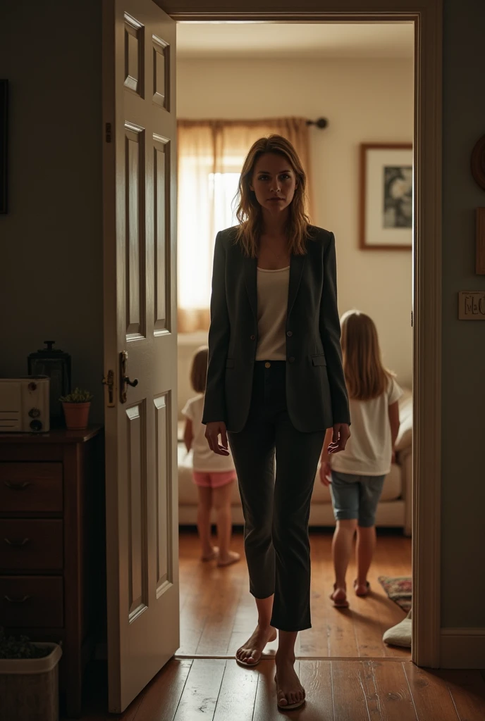 A hyper-realistic photo of a mother dressed in slacks and a blazer, standing in the doorway of her home, about to leave for work. She looks back with a sad expression at her two children, ages 4 and 7, who are inside the house. The mother has a hesitant and melancholic look, as if she doesn’t want to leave. The lighting is soft, emphasizing the emotional tone, and the background shows a cozy and lived-in home.”