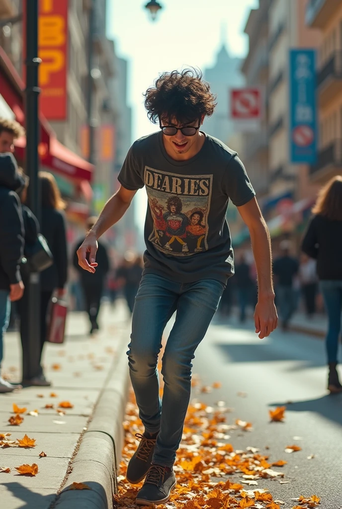Make an image of a man in galsses and emo hair falling off a curb an breaking an ankle