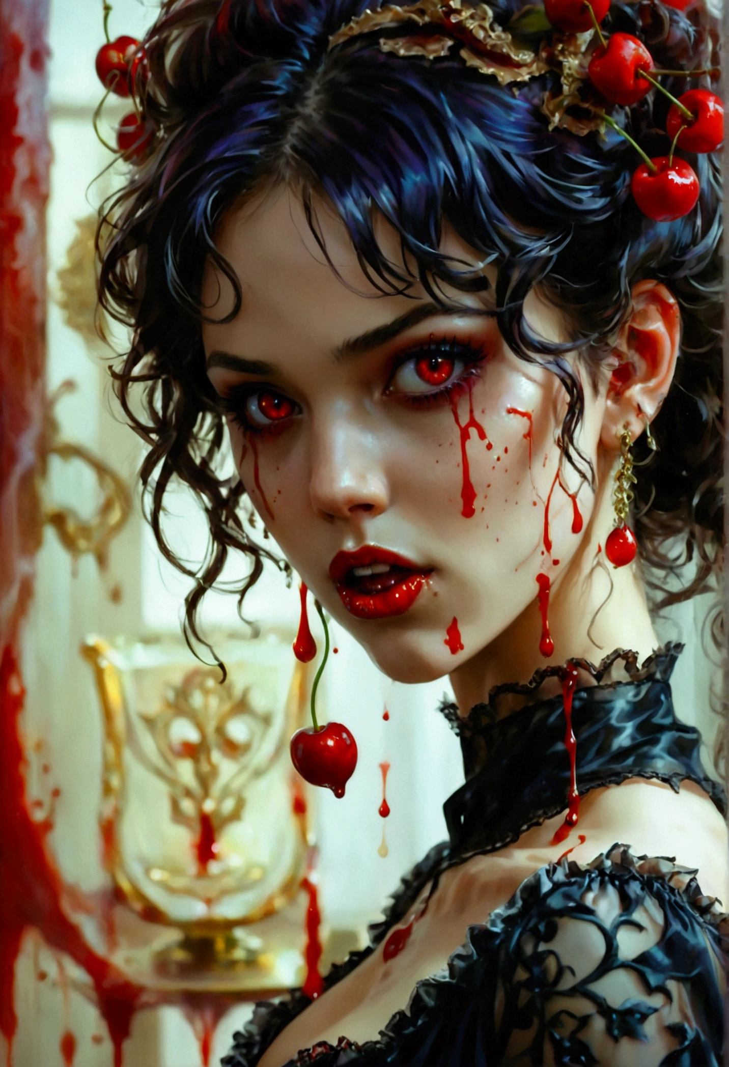 a portrait of a female vampire eating a (bloody cherry: 1.3), an exotic exquisite beautiful female vampire, dynamic hair color, wavy hair, dynamic eyes color, (glowing eyes: 1.1), intense eyes, wearing glamour silk dress, intricate detailed dress, dynamic color dress, dynamic style dress, (eating a large cherry soaked with blood: 1.3), blood dripping from the cheery, whipped cream, dark fantasy pastry shop background,