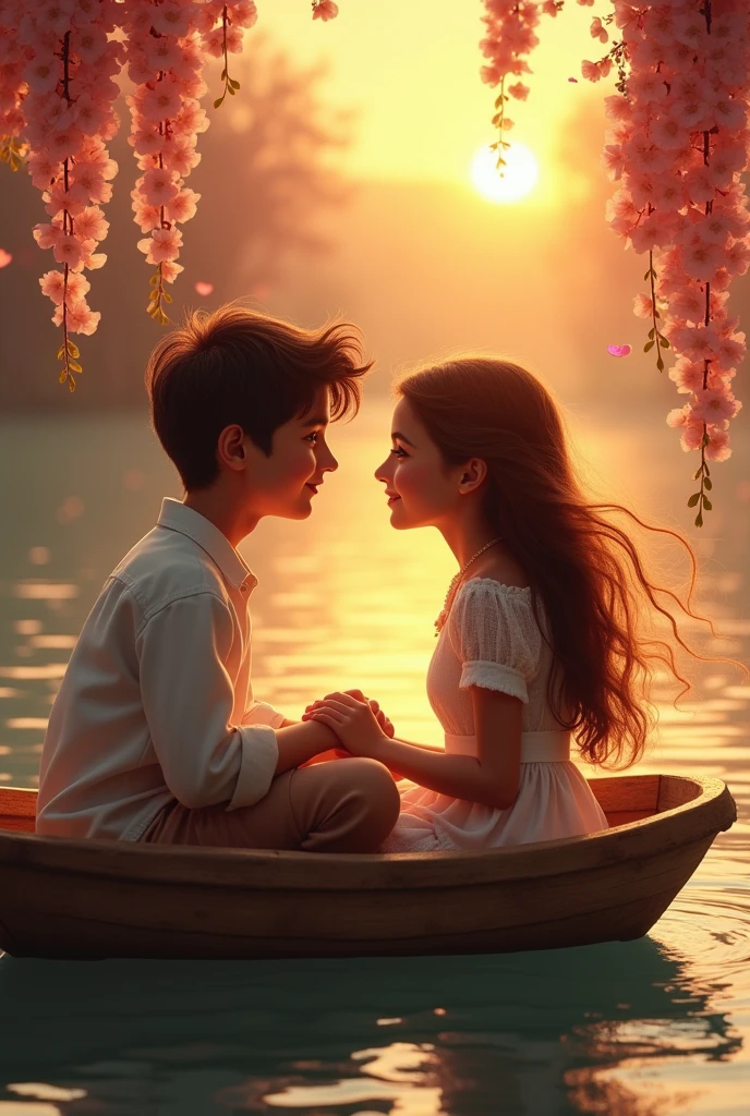 (Photorealism:1,2) a boy fall love in with girl boy name is Ahmed and girl name is Noor , they are sitting in boat and weather is very romantic in background rose flowers