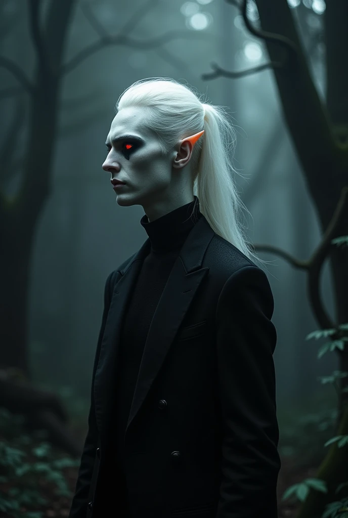 Profile of an albino demon, pale translucent skin, Platinum white hair, Red eyes, the sclera of your eye is black, is man, wear black clothes, Leave him dark