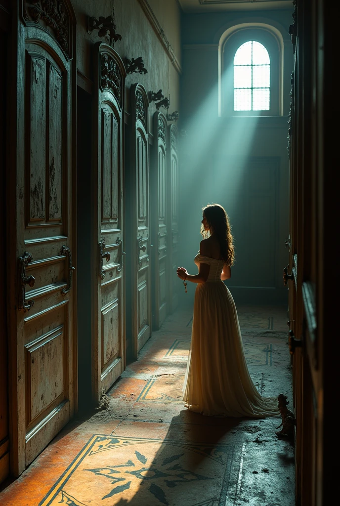 Image of a woman trying different old doors with a key in hand, exploring the mansion."