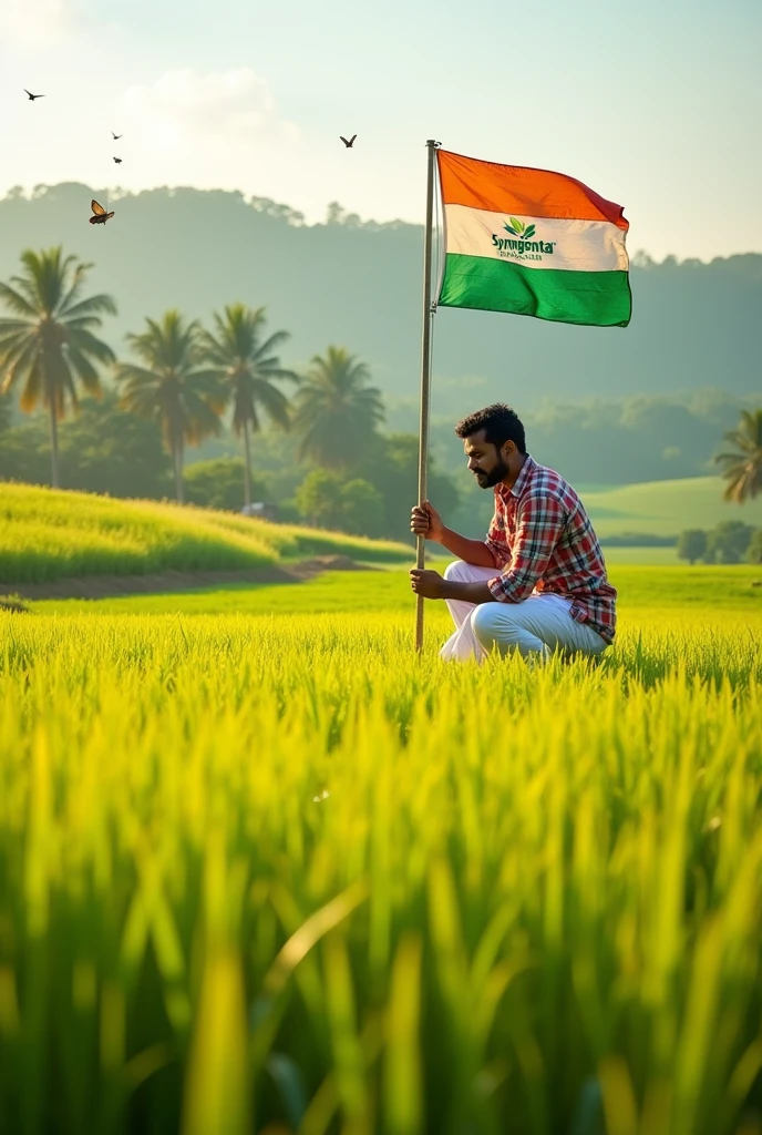 Create an image with telugu  farmer checking his rice field with syngenta company flag in middle of his field