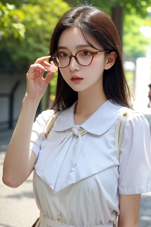 Highest quality、masterpiece、High sensitivity、High resolution、Detailed Description、Slender women、A cup bust、Glasses、Summer clothing、