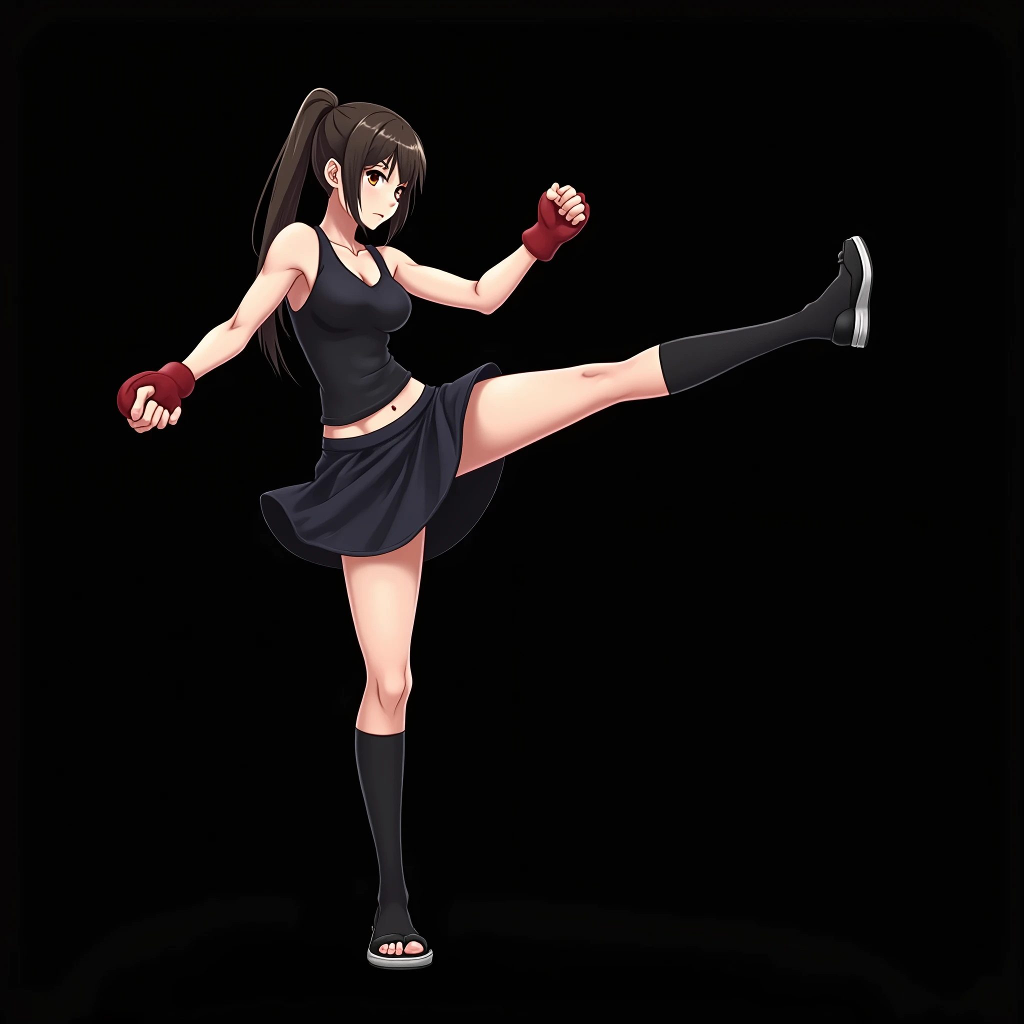 a close up of a person in a short skirt and a black top, fight pose, fighter pose, fighting pose, boxing stance, fighting stance, attack pose, mma southpaw stance, combat pose, in fighter poses, combat stance, anime pose, running pose, fighting game character, posing for a fight intricate, tifa, full body with dynamic pose