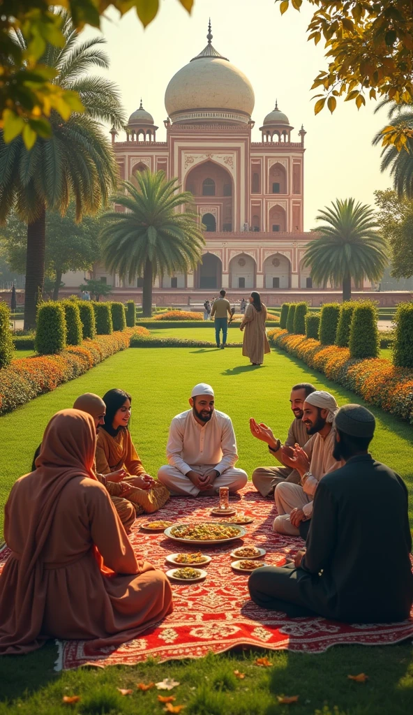 A diverse group of people from different religious backgrounds, depicted in traditional attire, standing together in a serene garden setting. They should be shown engaging in friendly conversations or sharing a meal, symbolizing harmony. The backdrop could feature an iconic Mughal structure, with a soft golden light, symbolizing the warmth of Akbar's vision