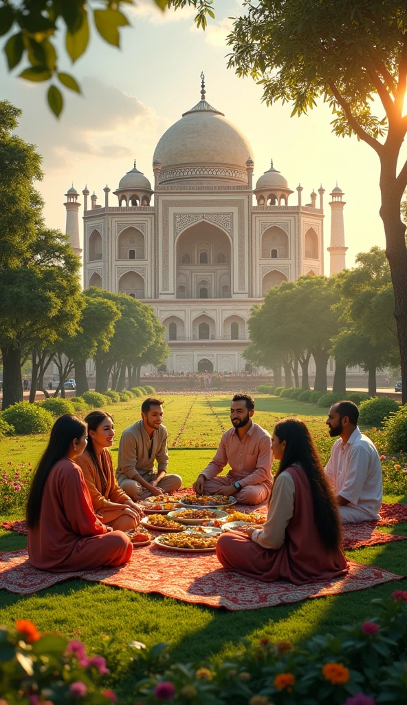 A diverse group of people from different religious backgrounds, depicted in traditional attire, standing together in a serene garden setting. They should be shown engaging in friendly conversations or sharing a meal, symbolizing harmony. The backdrop could feature an iconic Mughal structure, with a soft golden light, symbolizing the warmth of Akbar's vision