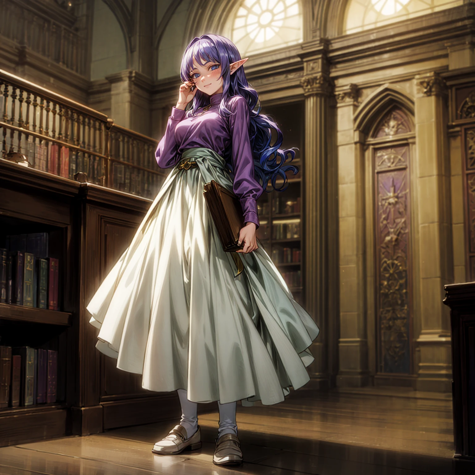 Solo character, full body version, young girl, (elf), blue eyes, purple color hair, long Curly haircut, His hair covered his eyes, long shirt, white long skirt, shoes, indoor, library, town, medieval, detailed background, detailed clothing, detailed hair, standing gesture, smile mouth, book in hand, big breast, (one piece style art, Hunter x Hunter style art), (blushing)