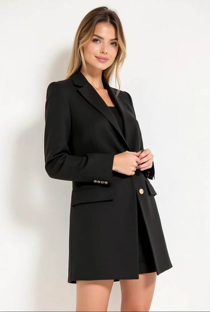 Create a fashion poster featuring a women's blazer as the main product, with the brand name 'N'Lin' prominently displayed in the image. The poster should exude elegance and sophistication, appealing to young women with a refined and trendy sense of style. Use a minimalist design with a clean background, focusing on the blazer's details and quality. The typography should be sleek and modern, and the placement of 'N'Lin' should be tasteful yet noticeable, reinforcing the brand's identity within the high-fashion market.