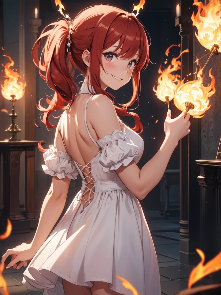 (((best quality, sharp image, clear image, cinematic lighting, 8k resolution, masterpiece, ultra detailed, intricate))) Girl, (((looking over left shoulder))), (shot from behind), ((shot from hip up)), fiery red hair, pigtails, ((white dress)), ((flaming sigils, flaming runes)), spiky rock formations, (flaming lotus flowers frame), (intricate background), ((Phoenix)), (swirling flames), smiling