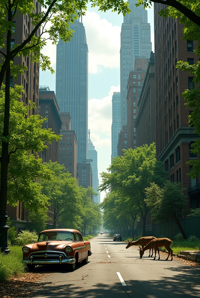 street view of new york between skyscrapers covered by foliage, post apocalyptic picture, abandoned rusted car, the nature conquered back its territory, there is a deer family