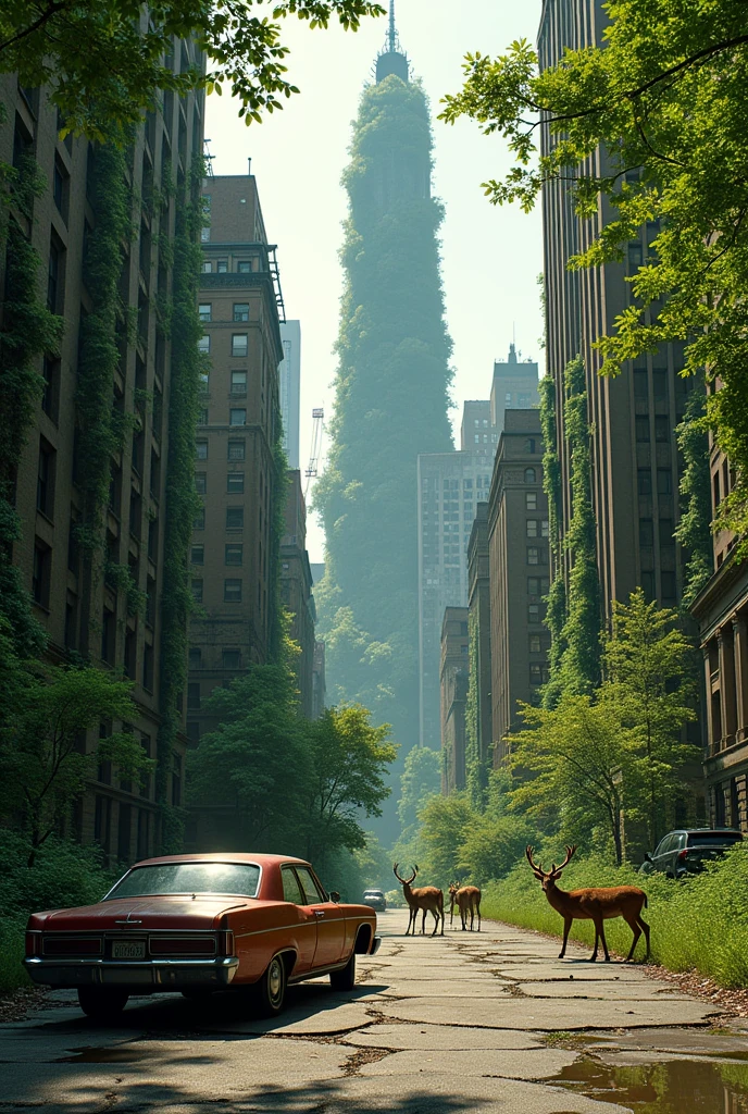 street view of new york between skyscrapers covered by foliage, post apocalyptic picture, abandoned rusted car, the nature conquered back its territory, there is a deer family