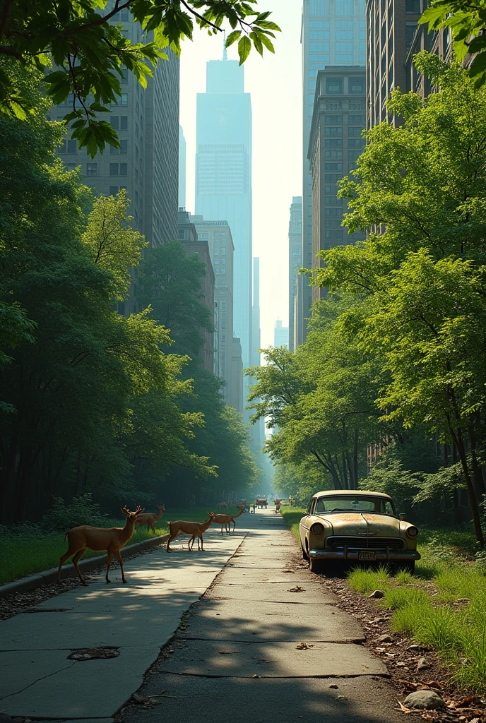 street view of new york between skyscrapers covered by foliage, post apocalyptic picture, abandoned rusted car, the nature conquered back its territory, there is a deer family