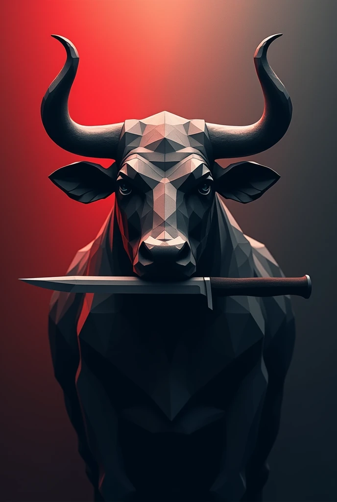 Geometric mascara of a bull's head with a knife in its mouth horizontally, perspective from below