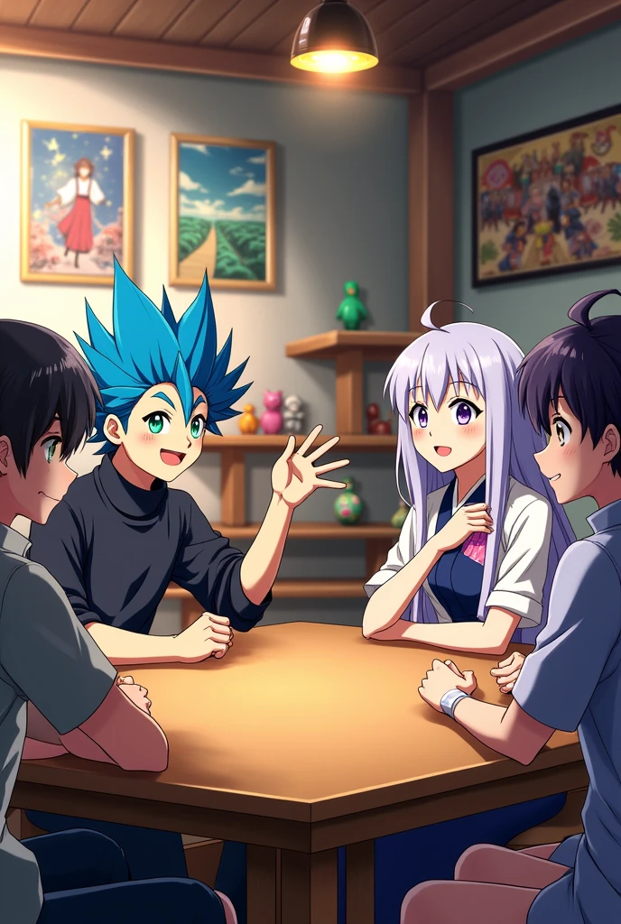 Many anime spoken at a table, men and women