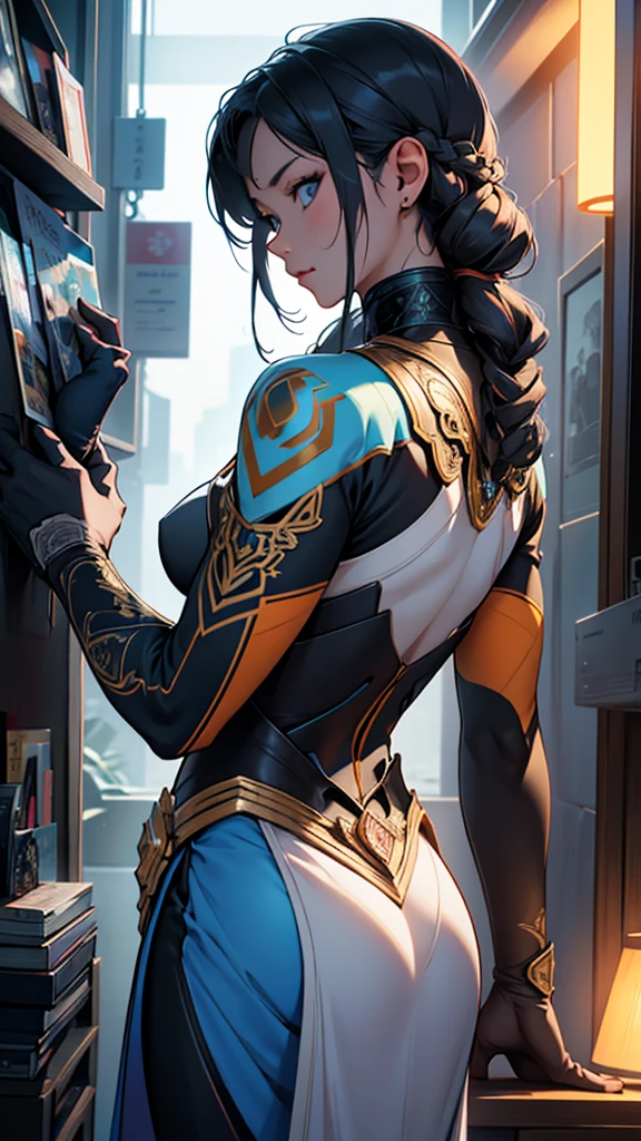 หญิง 25 ปี นักบินอวกาProfแสนสวย พ.Prof. 2493 , dark blue eyes, Orange clothing decorated with white metallic details., cinema, photography, half backlight, backlight, incredible light , Incandescent lamp, soft light, Incredibly detailed and complex., Hypermaximalist, Profิลปะที่ไม่ใช่สไตล์โดย guweiz, elegant posture, dynamic, photography, volume , very detailed, complicated details, The first super detailed work by guweiz., Environments of the future