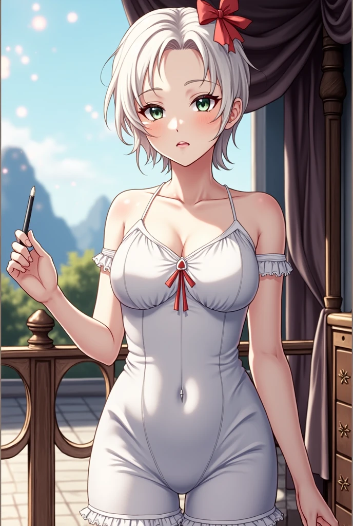 Sylphy from (Mushoku Tensei). she is a strikingly beautiful young woman stands confidently before a mirror in an elegant, softly lit bedroom. She has an exaggerated, hyper-feminine figure, with an impossibly narrow waist, wide hips, and ((extraordinarily large, high-profile breasts)) that give her an hourglass silhouette. Her skin is flawless and radiant, with a porcelain-like texture that catches the light, giving her a glowing, almost ethereal appearance.
Her face is doll-like and perfectly symmetrical, with full, pouty lips in a deep, natural pink hue. Her eyes are large, captivating, and framed by long, fluttering eyelashes that highlight her mesmerizing emerald-green irises. She has a small, refined nose and a softly rounded jawline that adds to her delicate yet seductive appearance. Her cheeks have a natural, rosy blush, giving her a youthful and vibrant look.
Her long, voluminous white-grey hair cascades down her back in soft waves, adding to her enchanting beauty. She is dressed in a form-fitting, elegant outfit that accentuates her curves, with her makeup meticulously applied to enhance her already stunning features. The overall effect is one of extreme femininity, with a slightly unnatural, almost fantastical quality to her beauty, making her appear as if she has stepped out of a dream.