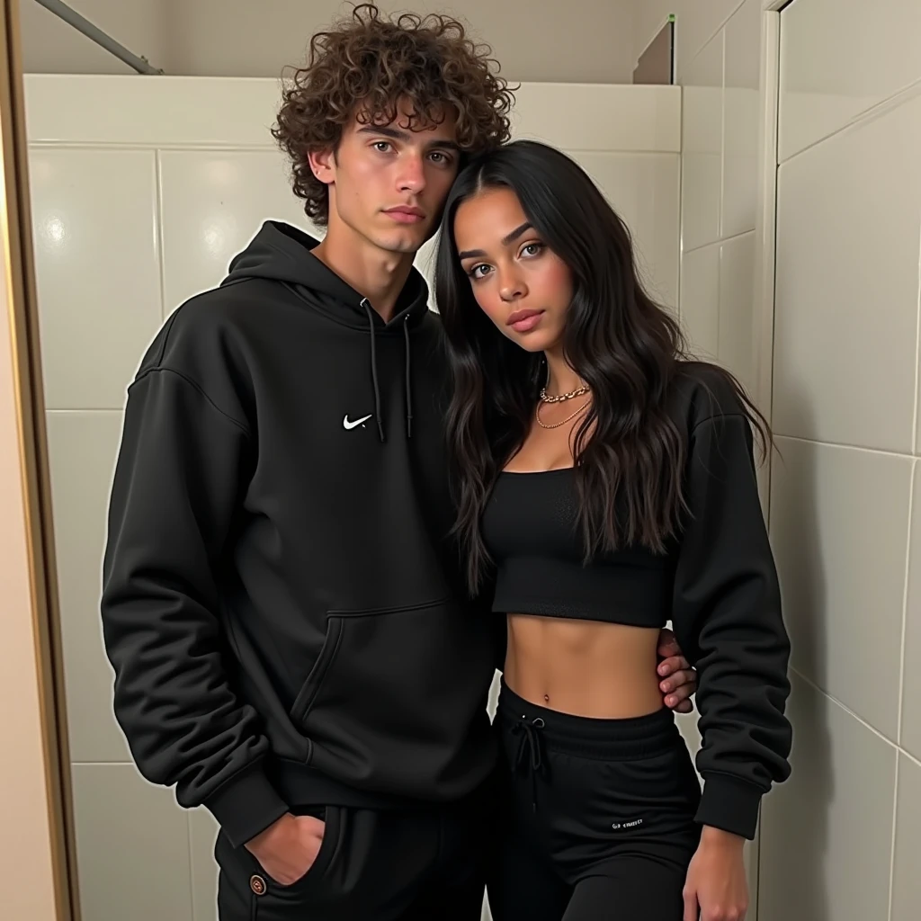 Une femme avec les cheveux longs très lisse et noir, avec des yeux verts elle porte un survet nike noir et un legging noir. Next to her there is a tall boy with brown eyes, white skin and curly brown hair., il porte un survet nike noir et un jogging nike il porte une casquette gucci. they take a picture of themselves in a mirror she holds her phone. Le fond c’est une sale de bain. Les deux personnes font une pose de couple