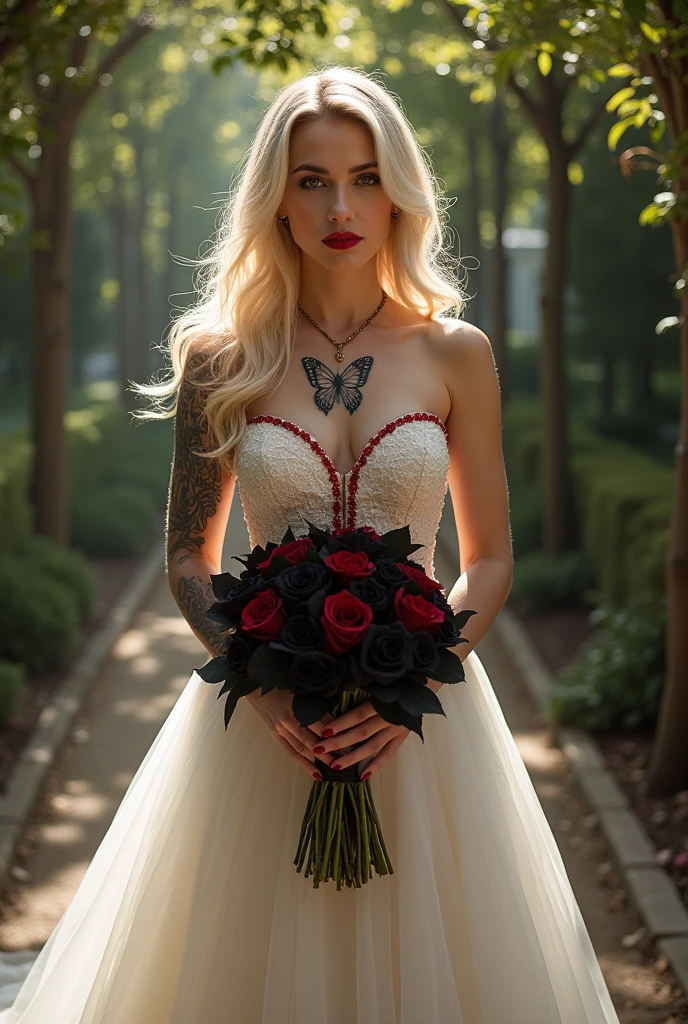 a one woman, Alta loira, with strong makeup red lipstick, wearing a wedding dress, with a red-detailed neckline showing off all her tattoos, a butterfly tattoo on the chest, on the feet red high heels, She wore a white dress and carried a bouquet of black roses with red details in her hands...