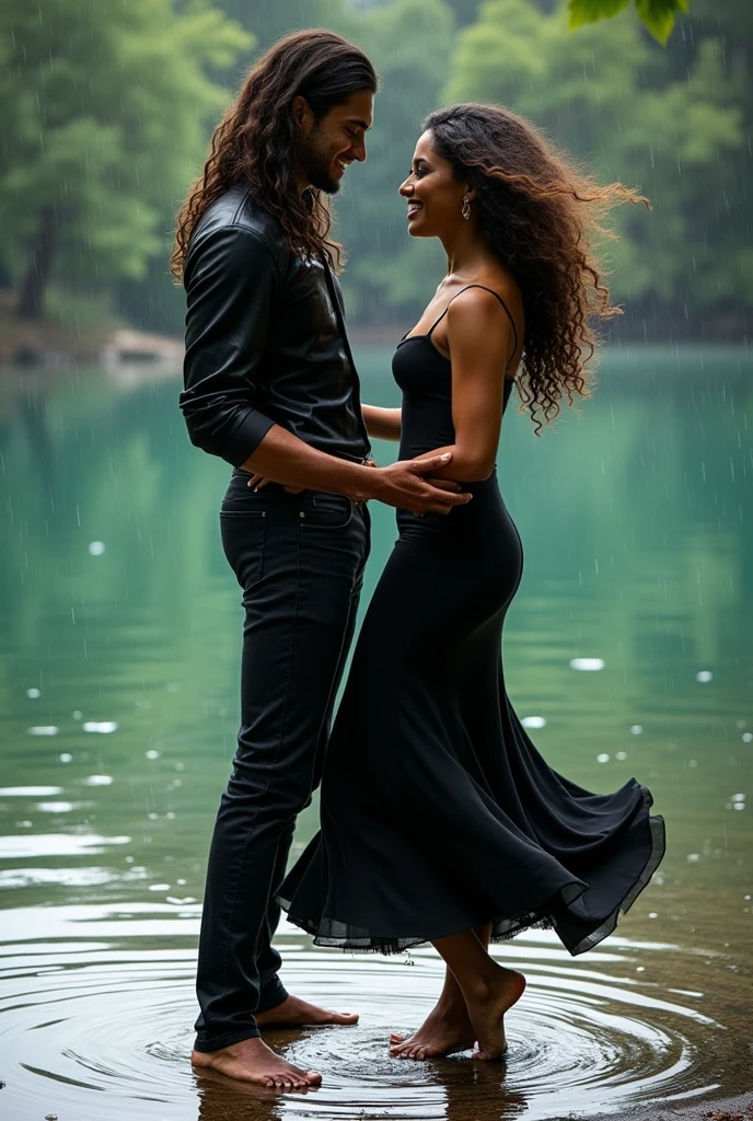 A BROWN MAN, greeneyes, Long brown hair, brown tunic dress, dancing with a woman who is 1.55 meters tall, medium black curly hair, IN A BLACK DRESS, barefoot, in the rain, in a crystal lake