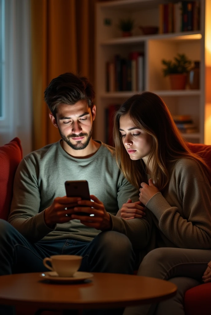 a man posting love quotes on his phone while his girlfriend is sad because he’s not giving her attention.