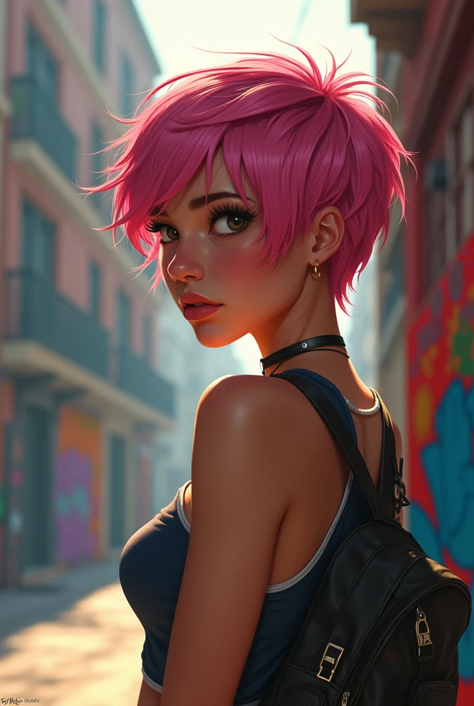 Latina woman with a pink pixie cut, looking to the side in the style of the Life Is Strange 3d game.