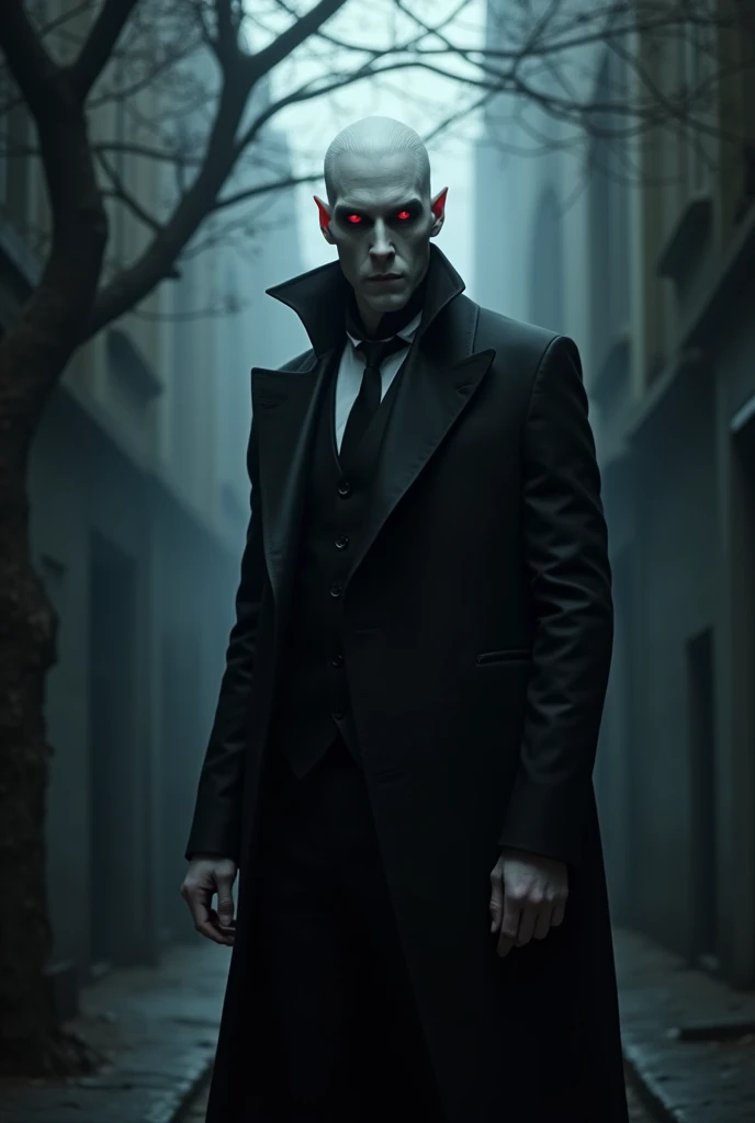 Profile of an albino demon, pale translucent skin, short platinum white hair, Red eyes, the sclera of your eye is black, is man, wear black clothes, Leave him dark