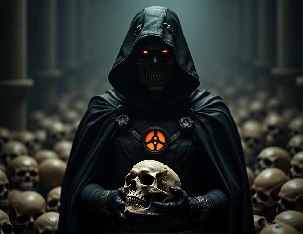 1man, black cowl and mask, villain, evil, glowing black lantern insignia, metal parts, black cape, black boots, holding a skull, skulls background