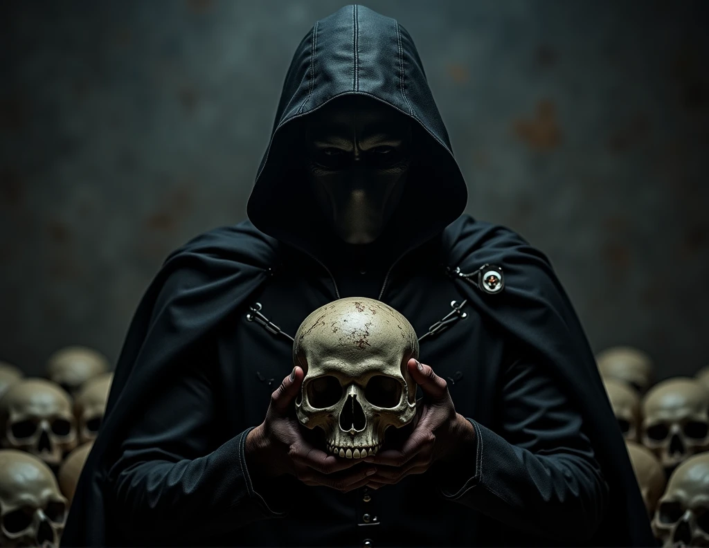 1man, black cowl and mask, villain, evil, glowing black lantern insignia, metal parts, black cape, black boots, holding a skull, skulls background