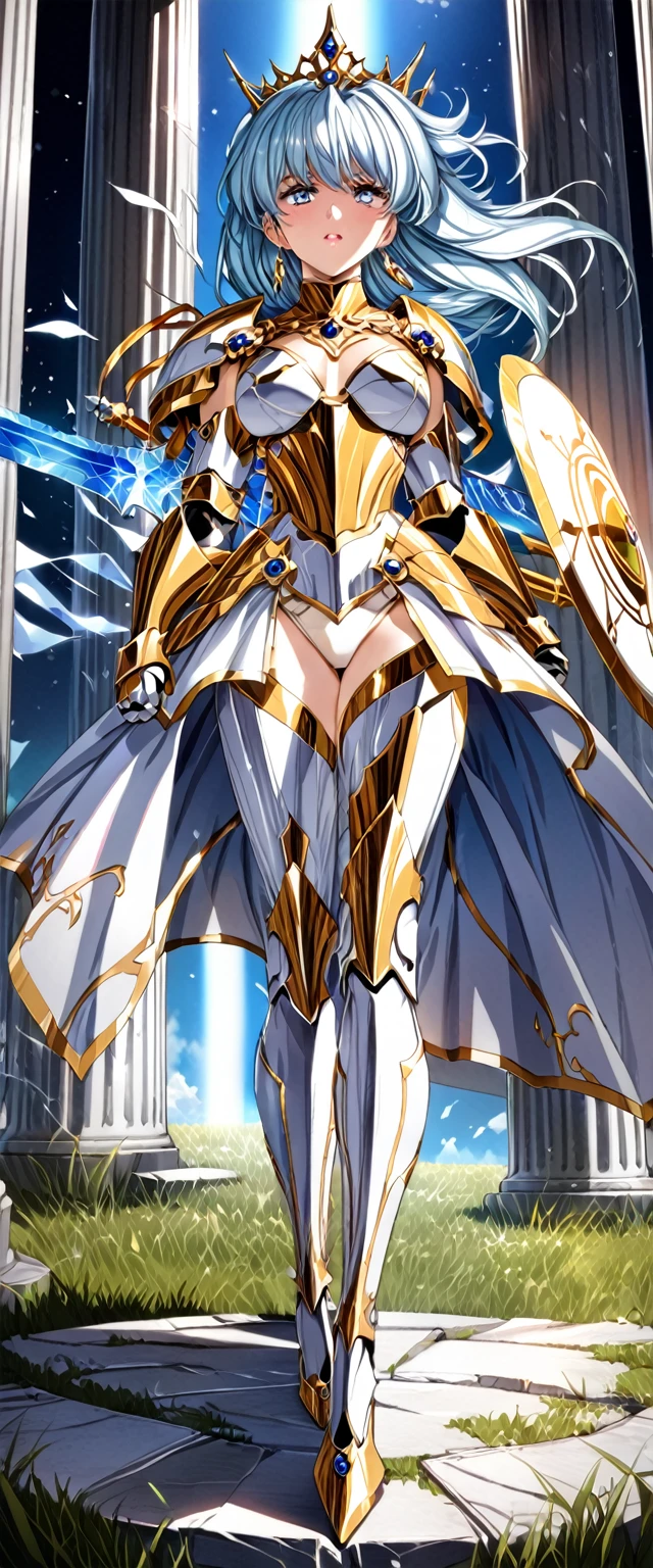 (Perfect Anatomy)、Mastepiece、Ultra High Quality、 8k、masterpiece、Highest quality、Ultra-high resolution、Maximum resolution、Very detailed、Professional Lighting、anime、woman、thin、so beautiful、Highly detailed eye、Highly detailed face、Blue and white armor, , Golden decorated luxury tiara，Golden earrings，Frilly Armor，Light blue hair, blue eyes，White underwear、Gloss Lip、Pink Lips、grassland, full body, dynamic angle, dynamic pose, Heroic pose, pillars of ice, (((long sword))), (((shield))), Defending with water magic, goddess armor, high heels, floating hair, Detailed armor patterns