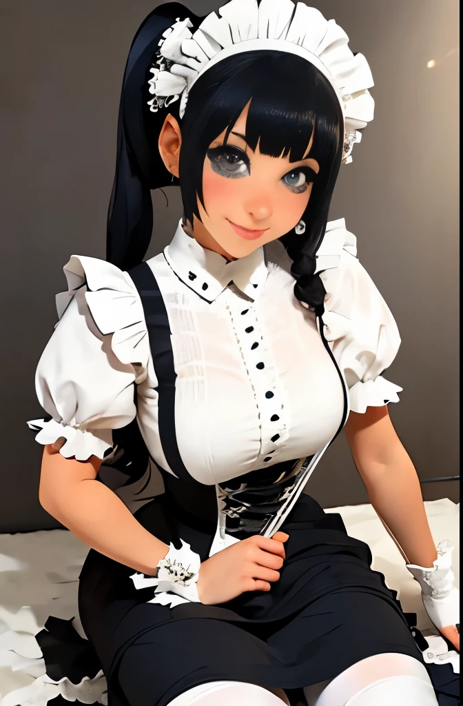 arafed woman in a black and white dress and white socks, maid outfit, maid costume, french maid, thighhighs and skirt, wearing maid uniform, gorgeous maid, maid dress, japanese maid cafe, wearing atsuko kudo latex outfit, cosplay of a catboy! maid! dress, anime girl in real life, dressed as schoolgirl